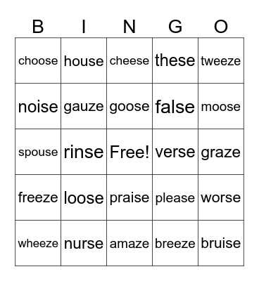 -ze /z/ and -se /s/,/z/ Bingo Card