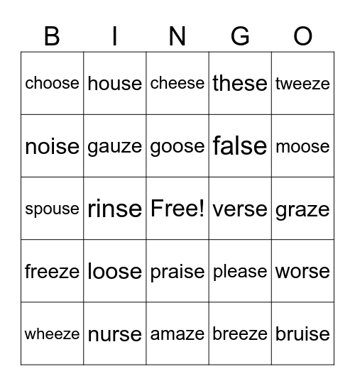 -ze /z/ and -se /s/,/z/ Bingo Card
