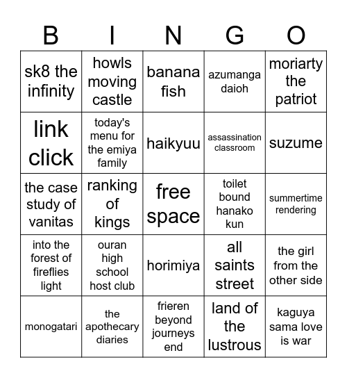 lilis anime bingo Card