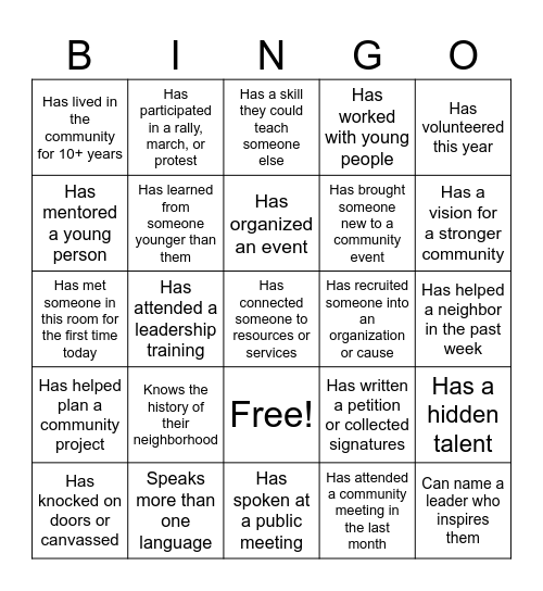 Community Organizing Human Bingo Card