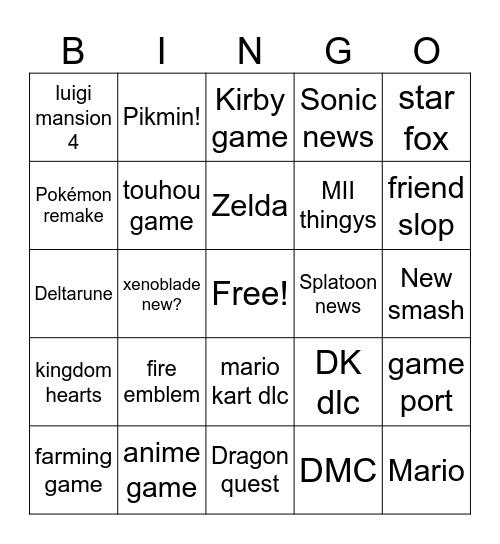 nintendo direct Bingo Card