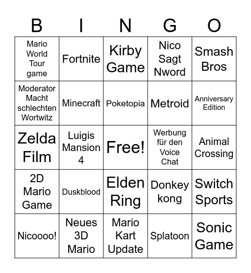 Nintendo Direct Bingo Card