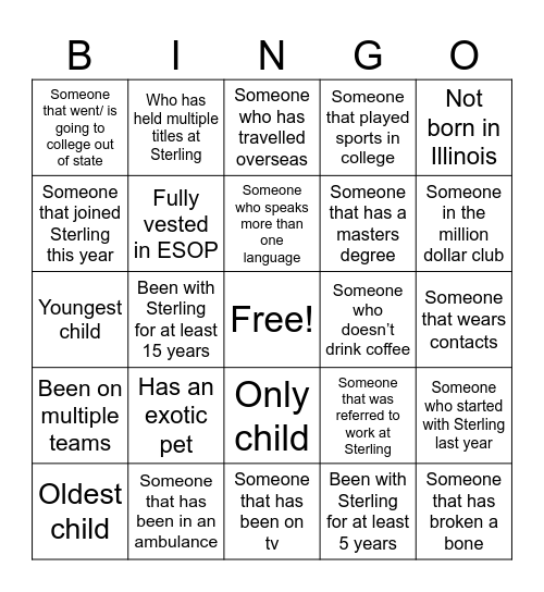 Sterling Bingo Card