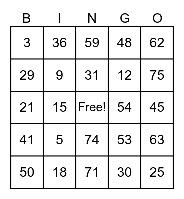 Exercise Bingo Card