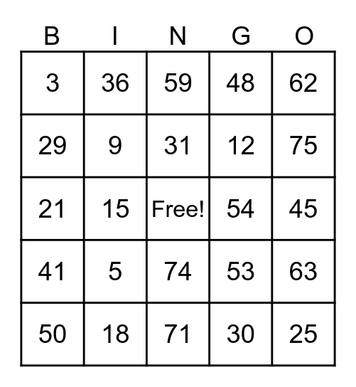 Exercise Bingo Card