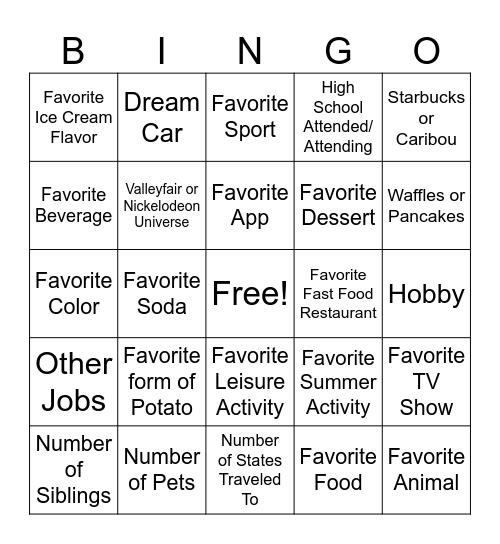 Get To Know You Bingo Card