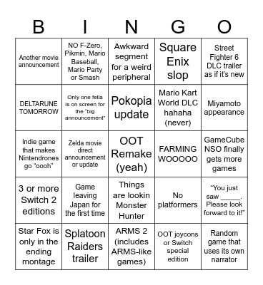Nintendo Direct Bingo Card