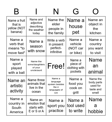 Super Starters Bingo Card