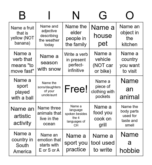 Super Starters Bingo Card