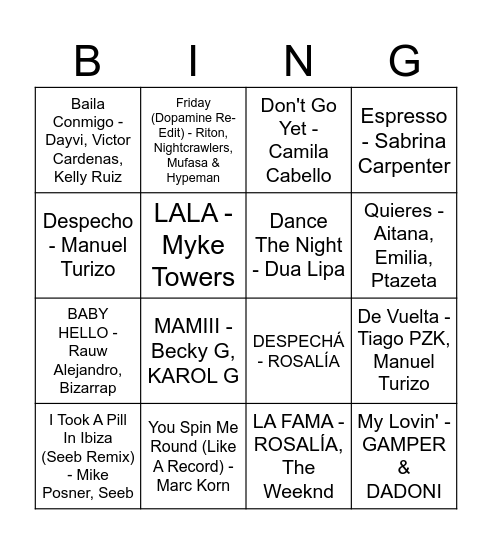 Bingo Musical Bingo Card