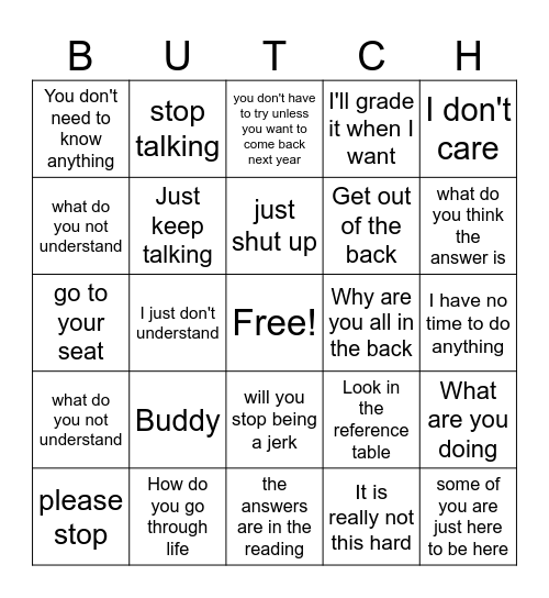 Butcher Bingo Card