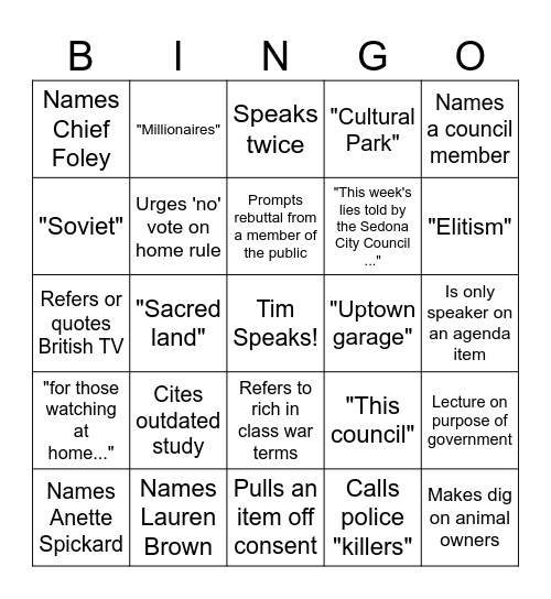 Sedona Council's Call to the Tim Bingo Card