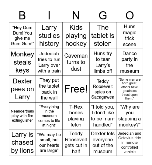 Night at the Museum Bingo Card