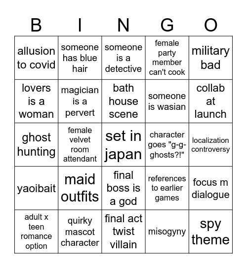 Persona 6 Predictions Bingo Card