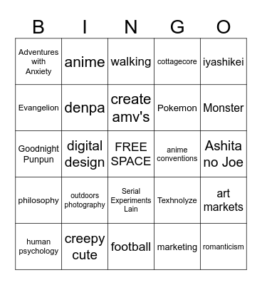 personal interests Bingo Card