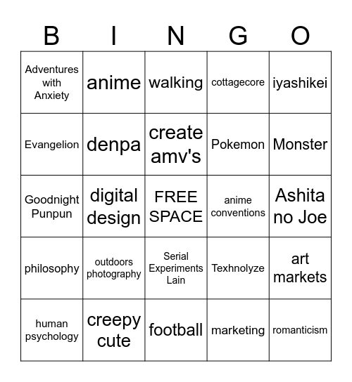 personal interests Bingo Card