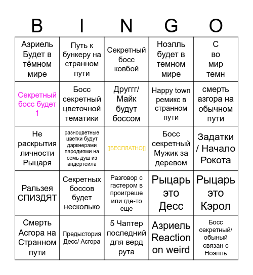Deltarune chapter 5 Bingo Card