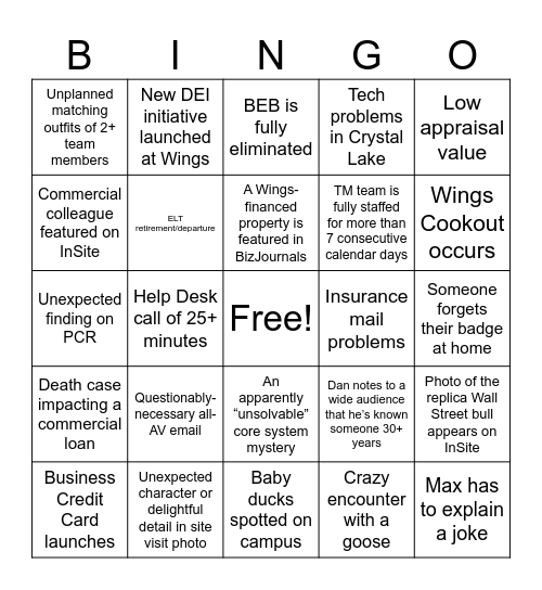 Commercial Team Bingo!! Bingo Card
