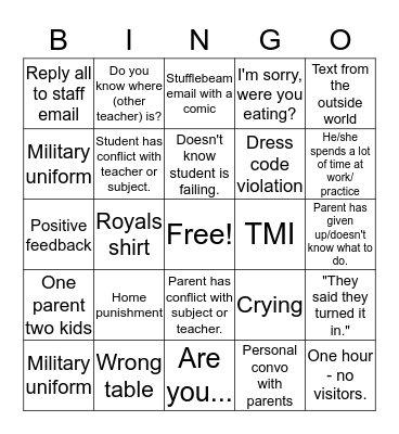 Parent Teacher Conference Bingo Card