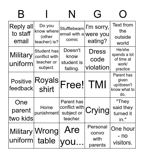 Parent Teacher Conference Bingo Card
