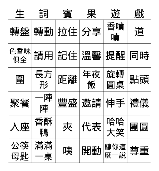 主題一：華人飲食文化 Bingo Card