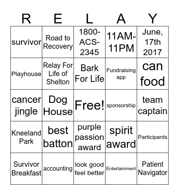 Relay For Life of Shelton Bingo Card