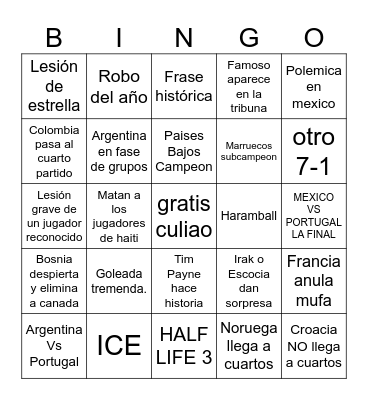 Bingo del mundial 2026 Bingo Card