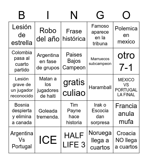 Bingo del mundial 2026 Bingo Card