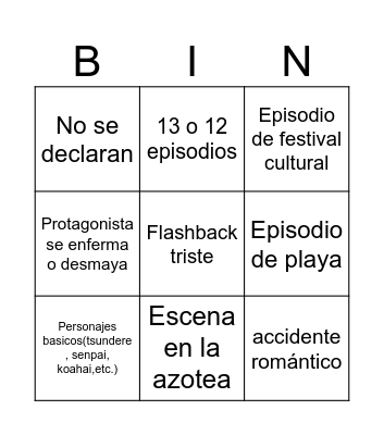Anime basico de romance escolar Bingo Card