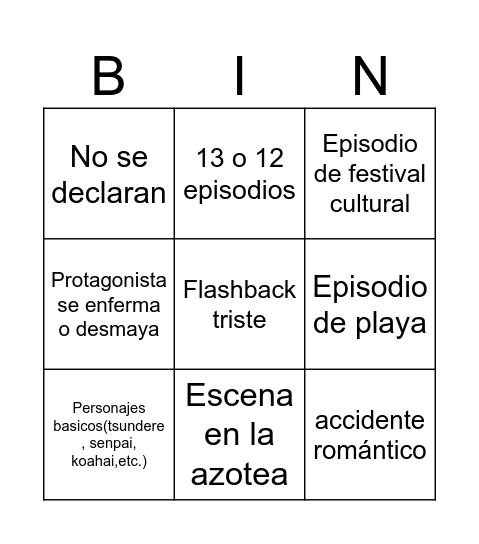 Anime basico de romance escolar Bingo Card