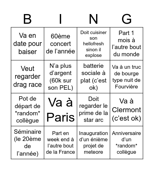 Les absences de Camille Bingo Card