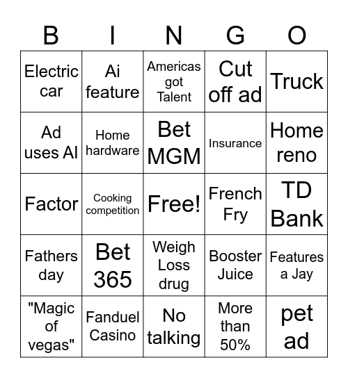 Advertisemnent Bingo Card