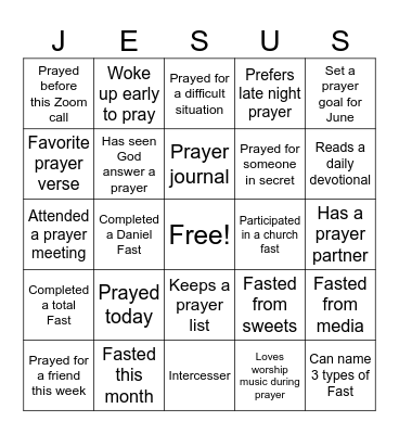 Prayer and Fasting Habits Bingo Card