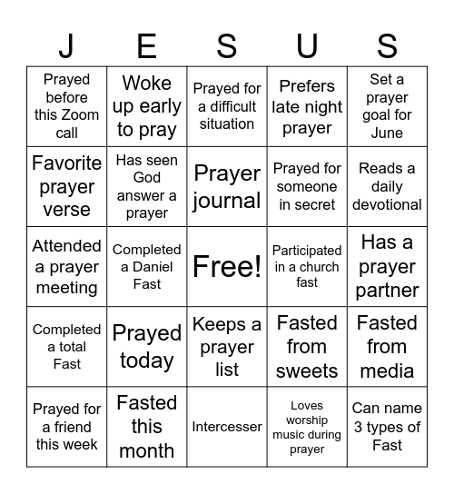 Prayer and Fasting Habits Bingo Card