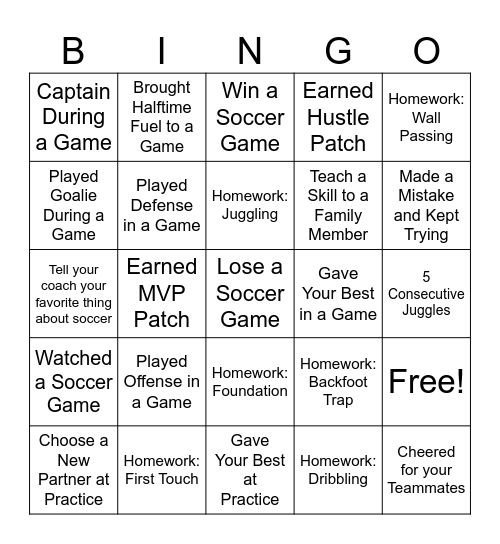 Fall Soccer Bingo Card