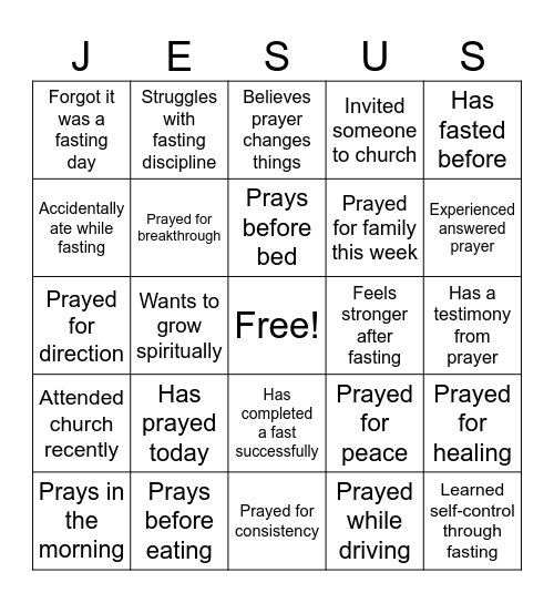 Prayer and Fasting Experiences Bingo Card
