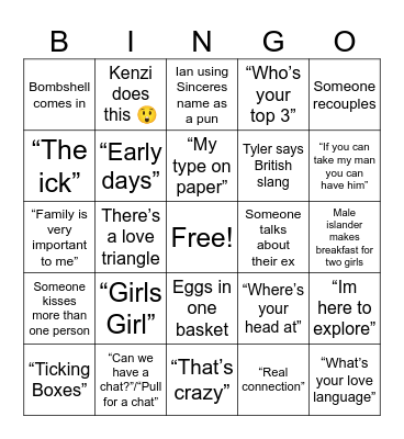 Love Island Bingo Card
