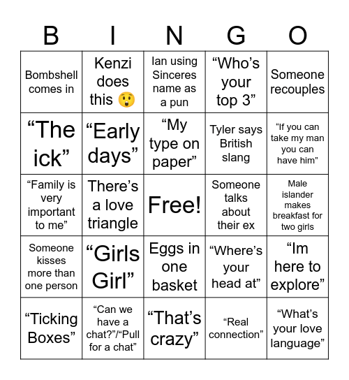 Love Island Bingo Card