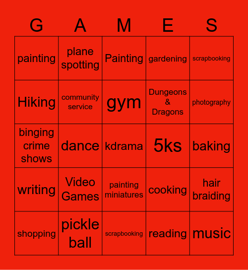 Hobbies Bingo Card