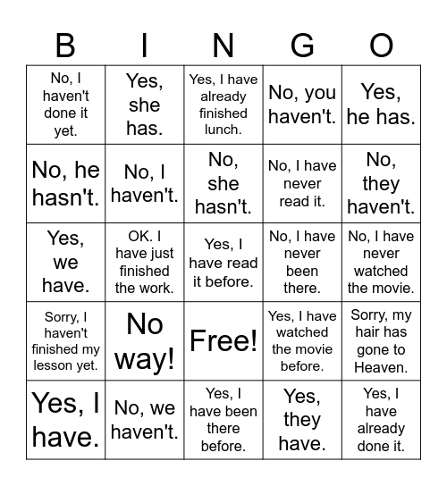 Present Perfect Bingo Card