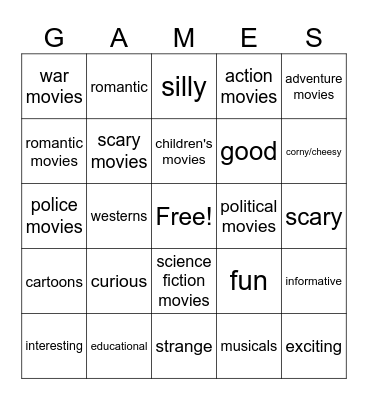 Movie Genres & Adjectives Bingo Card