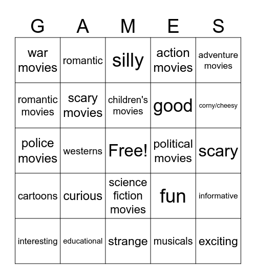 Movie Genres & Adjectives Bingo Card