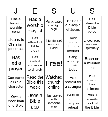 Faith in Action Bingo Card