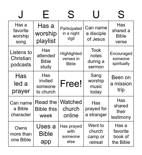 Faith in Action Bingo Card