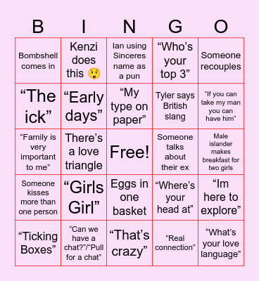 Love Island Bingo Card