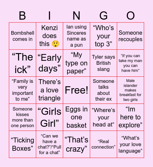 Love Island Bingo Card