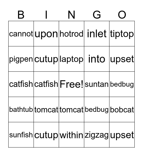 Two Syllable Compound Words Bingo Card