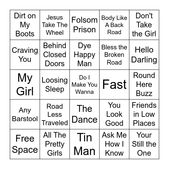 Top Country Bingo Card