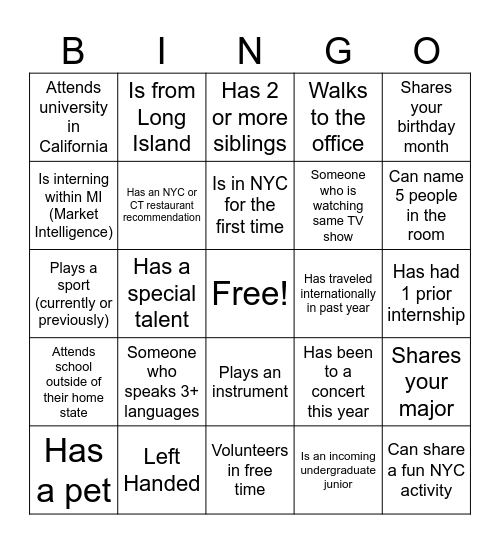 Point72 Intern Bingo Card