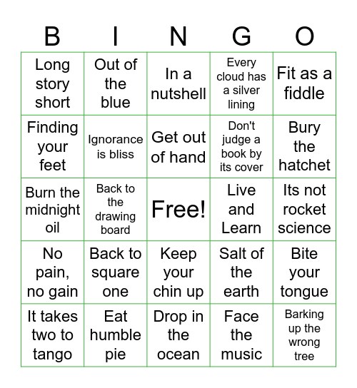 Idioms Bingo Card
